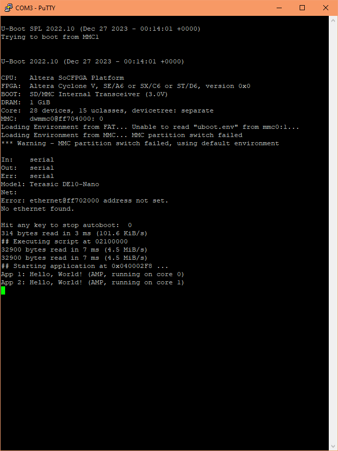 Hello, World! AMP serial terminal output (PuTTY)