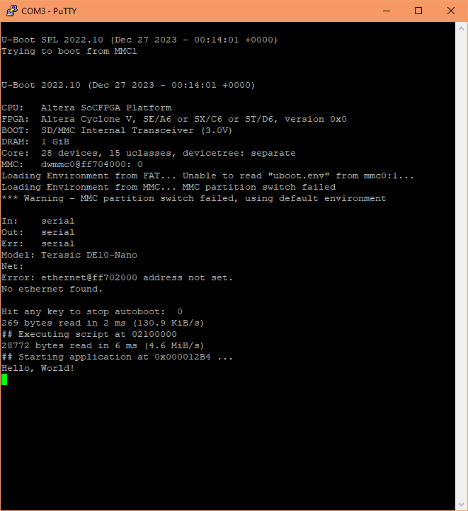 PuTTY showing output messages from a bootup of the SD card image