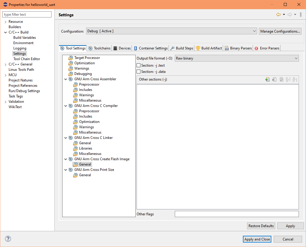 Eclipse project Debug binary output