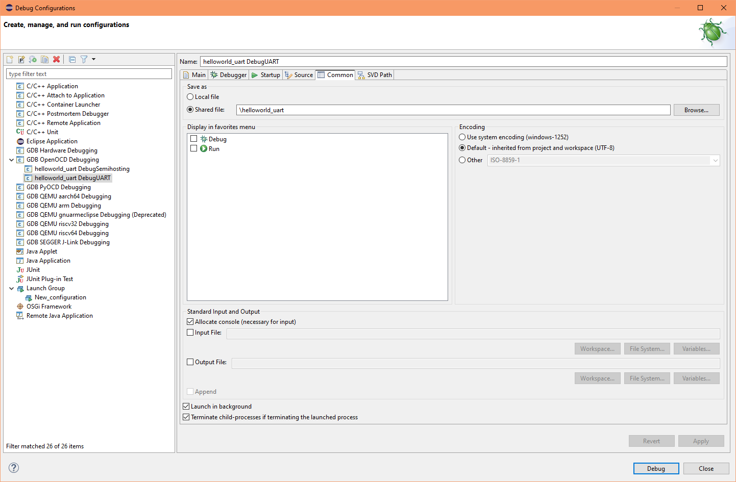 Eclipse project common semihosting debug config