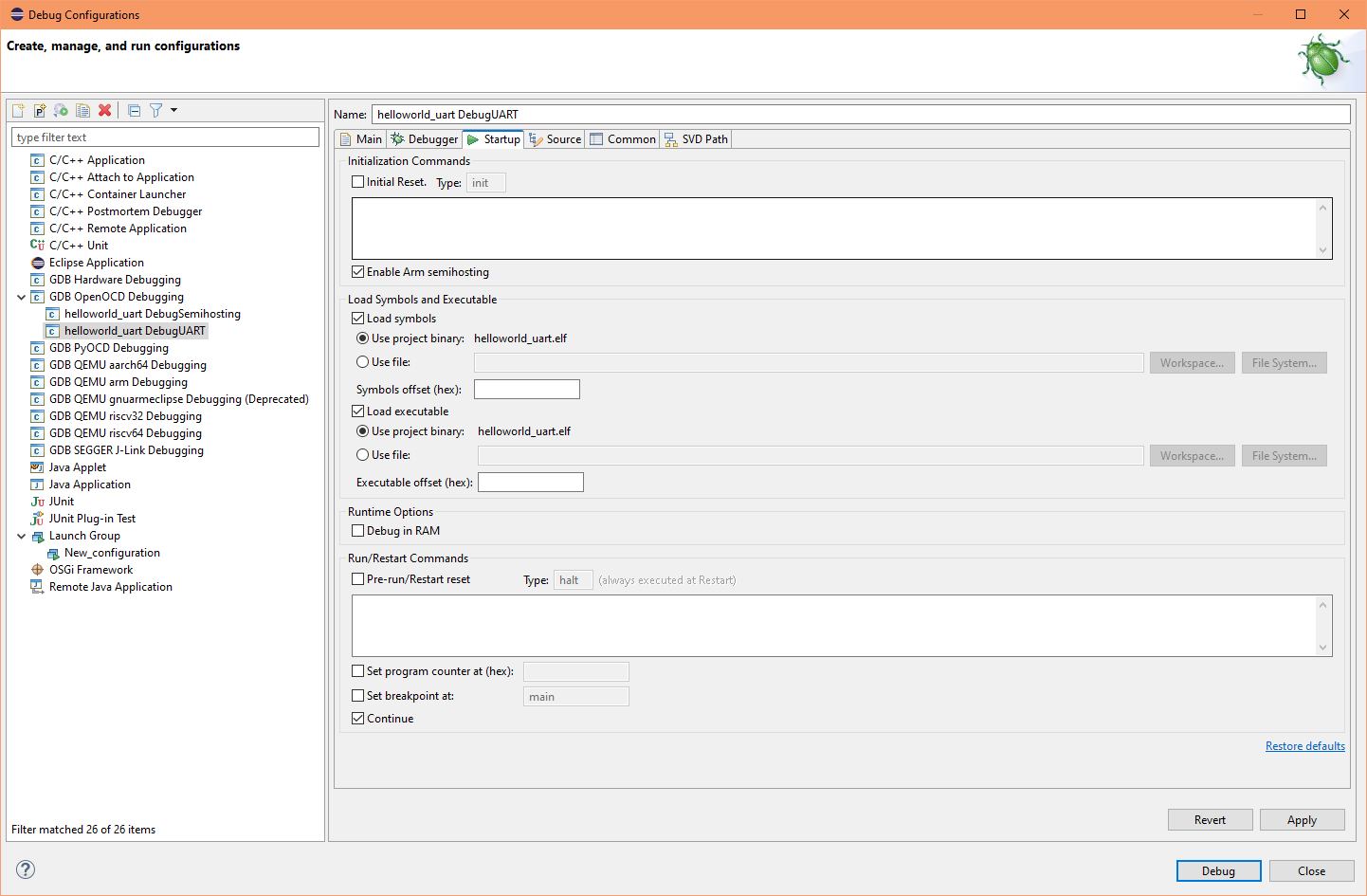 Eclipse project startup semihosting debug config