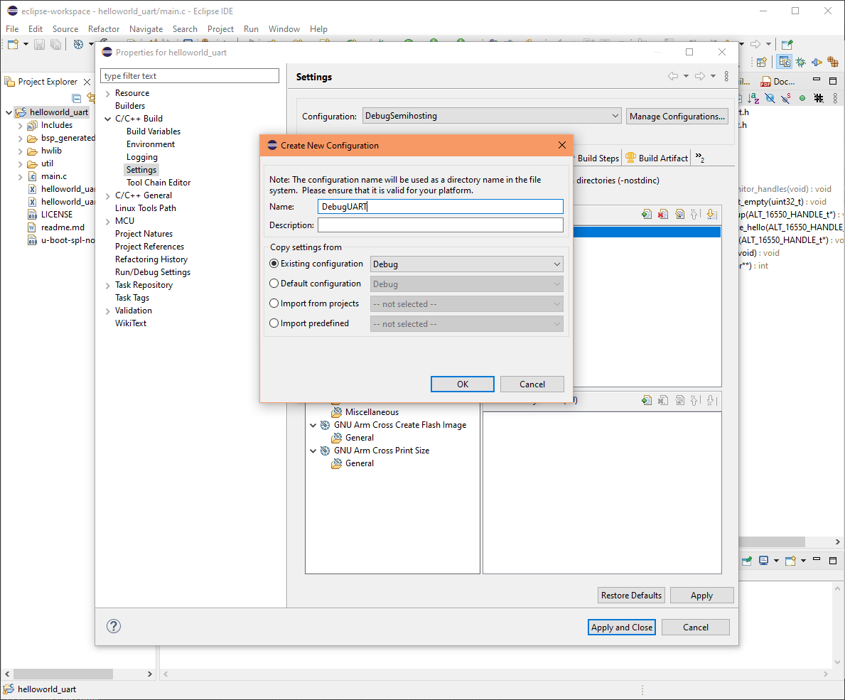 Eclipse project create DebugByUART