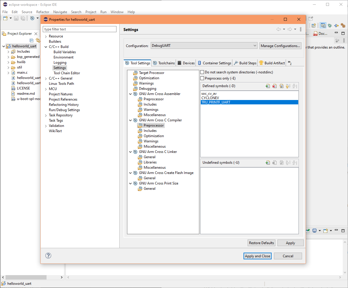 Eclipse project DebugByUART symbol