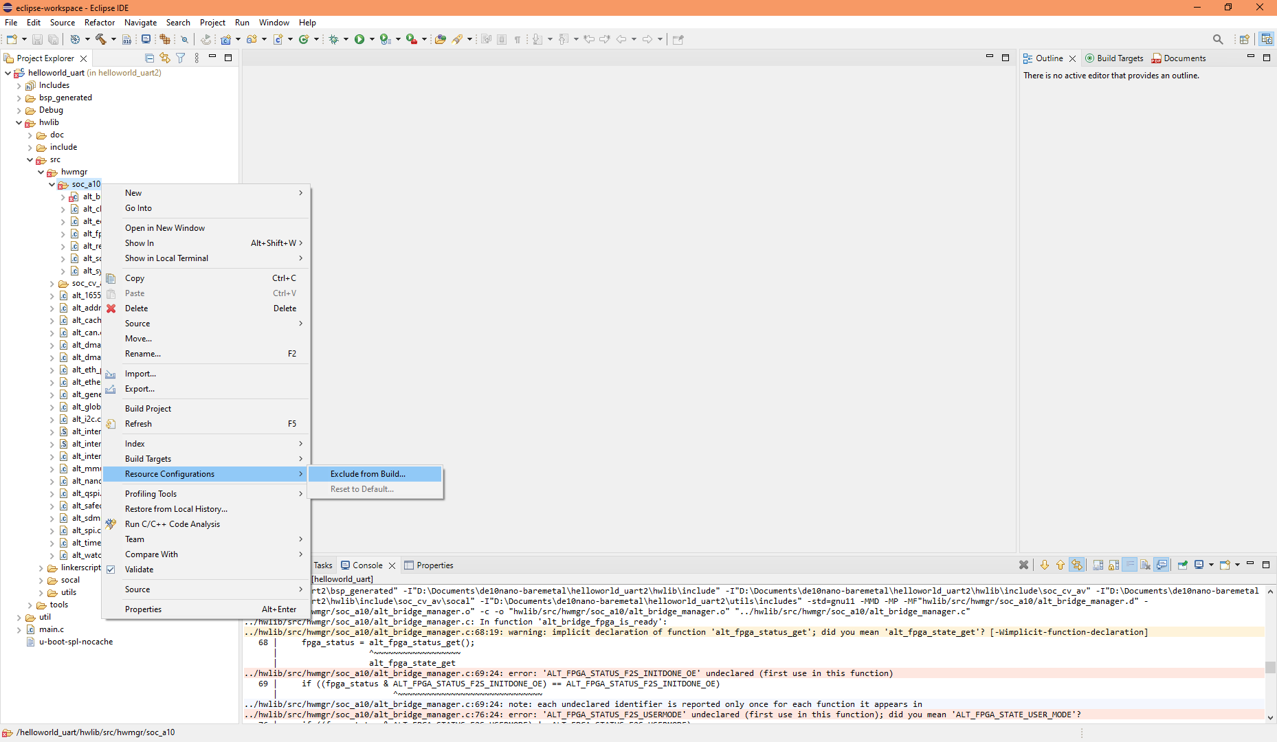 Eclipse project exclude SoC Arria 10 step 1