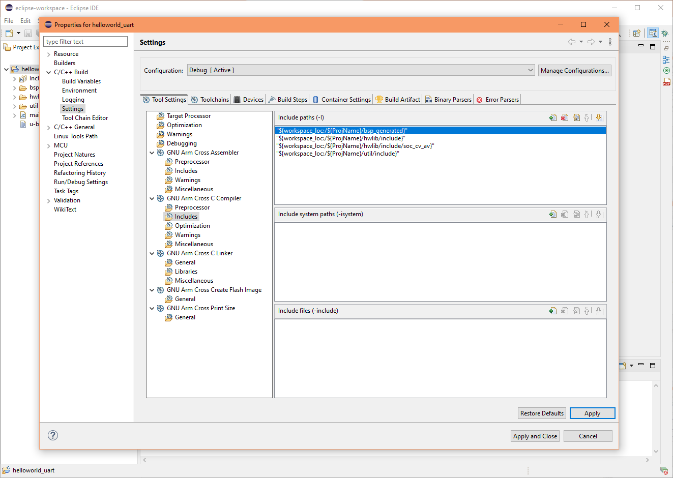 Eclipse project Debug include paths