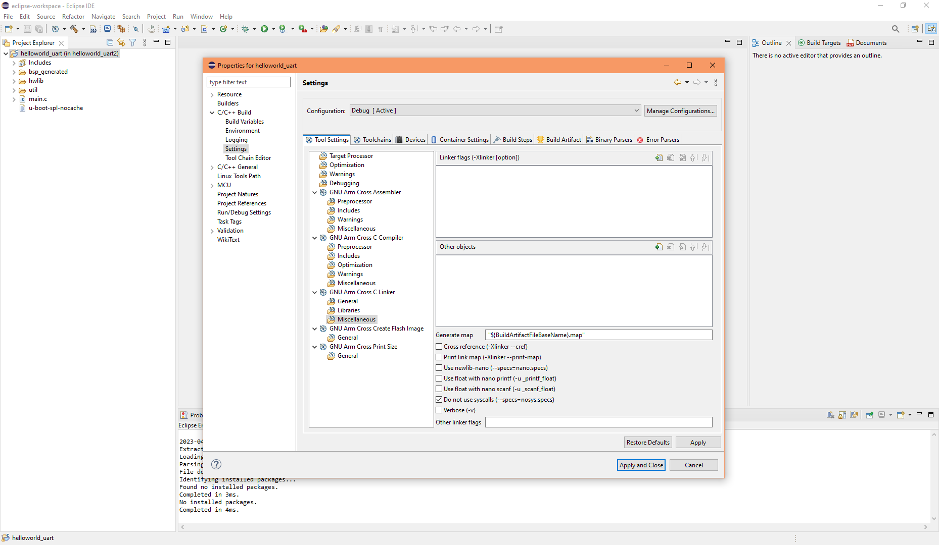 Eclipse project Debug linker do not use syscalls