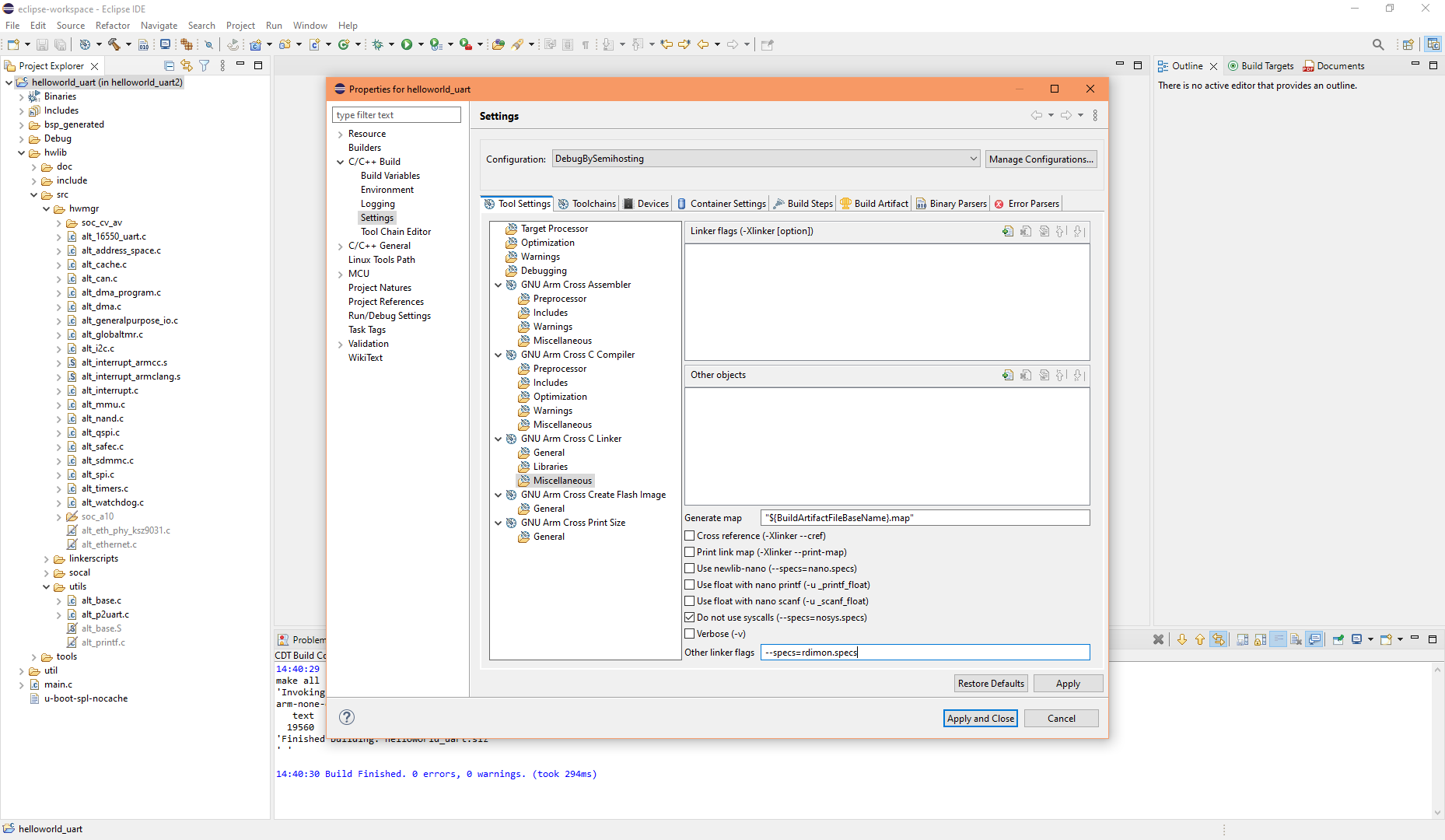 Eclipse project Semihosting rdimon specs