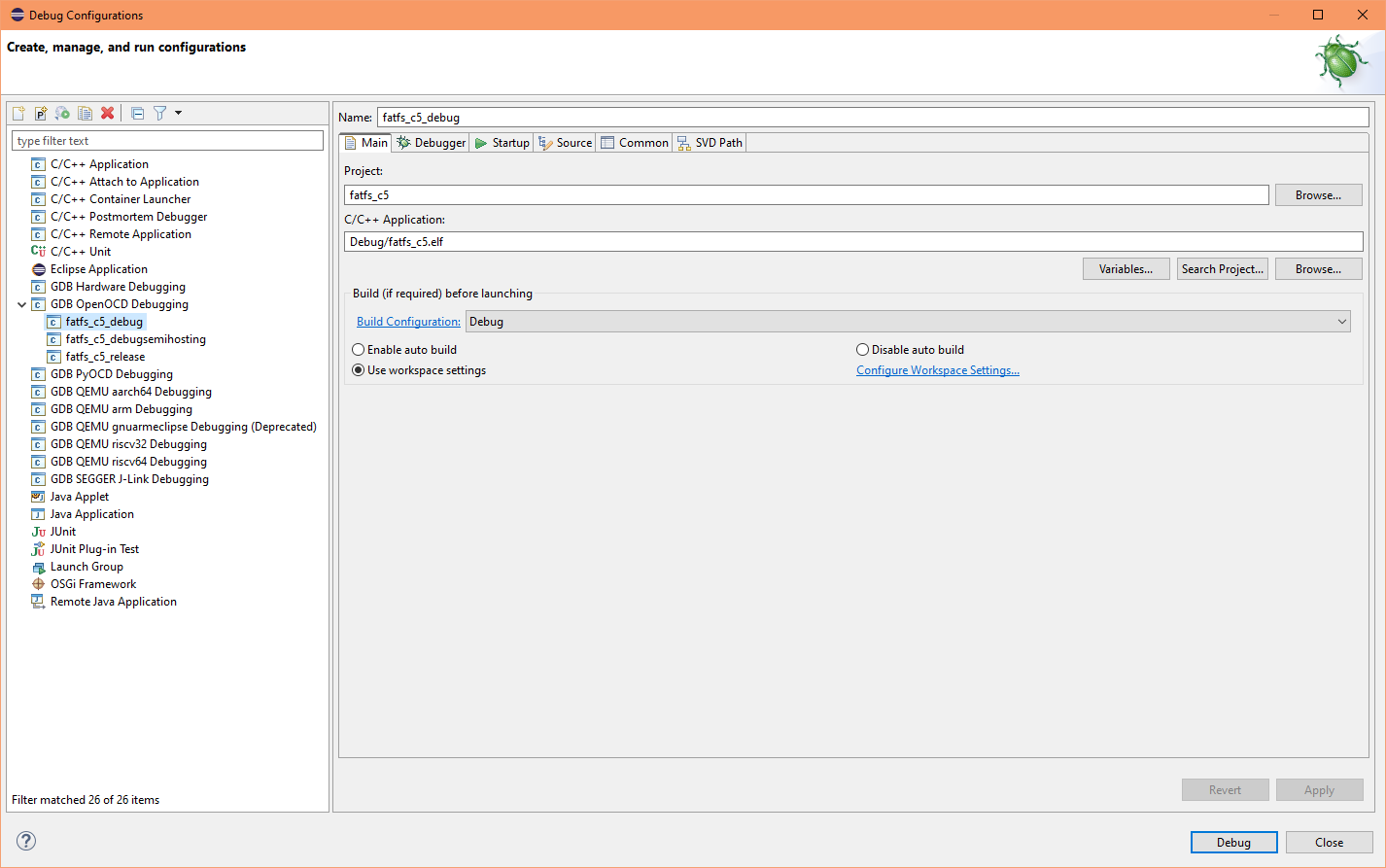 FatFs run debug configuration (launch profile)