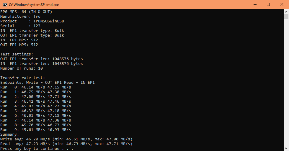 MSOS WinUSB throughput results
